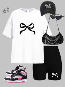 SHEIN Leap Crew Set de 2 piezas de outfit de verano para adolescentes, con blusa de manga corta de cuello redondo con estampado de moño - Multicolor - Ver 5