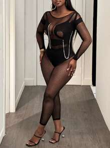 BamGleam Solid Color Round Neck Hollow Mesh Ripped Seamless Jumpsuit - Black - View 6