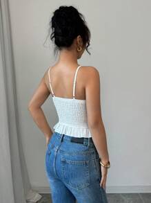 Selianne Women Vacation Casual Ruffle Trim Pearl Button Camisole Top With Slim Fit Ruffle Hem, Black - White - View 2