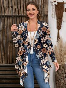 EMERY ROSE Plus Size Women's Khaki Ditsy Floral Long Sleeve Jacket, Suitable For Spring & Autumn