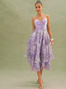 L'Amorae Vestido largo de organza con volantes y estampado floral - Multicolor - Ver 1