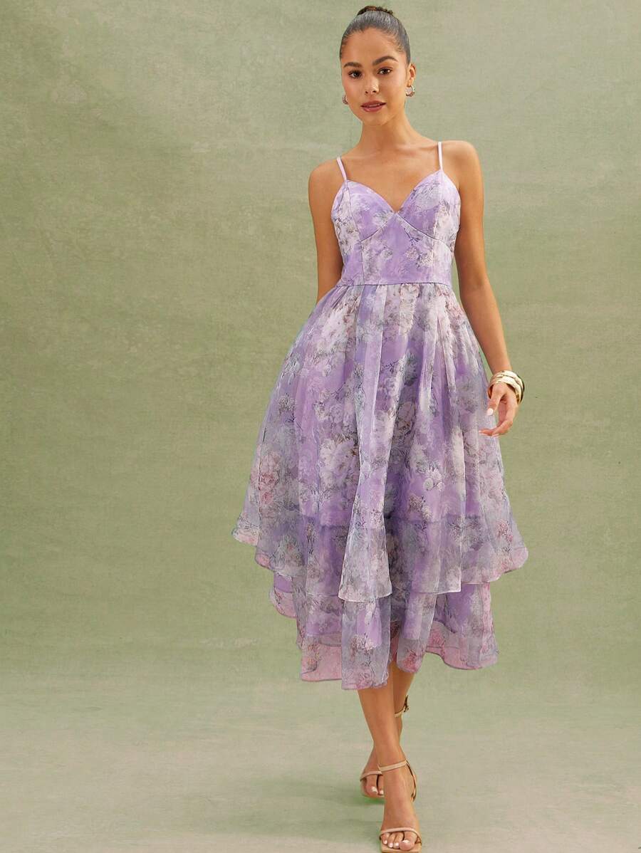 L'Amorae Floral Tiered Organza Flowy Maxi Dress - Multicolor - View 1