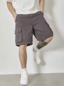 Claim Dot 男士宽松深灰色休闲牛仔工装短裤 - 深灰色 - 查看 3