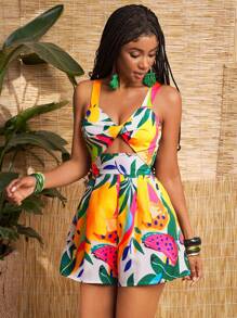 Slaydiva Mono nuevo con estampado de planta tropical, estilo casual de vacaciones, primavera/verano - Blanco - Ver 5