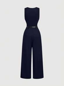 SHEIN MOD 1pc Women's Navy Pleated Wide Leg Loose Jumpsuit With Belt, Casual Style, , - Navy Blue - View 2