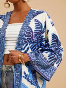 Travachic 女士梭织印花长袖宽松和服罩衫，春夏装，夏季装，沙滩装，女士西部装，春假装，女士音乐会装，波西米亚风，狂欢装，热带度假装，节日装，浪漫装，热带装 - 藍白色 - 查看 6