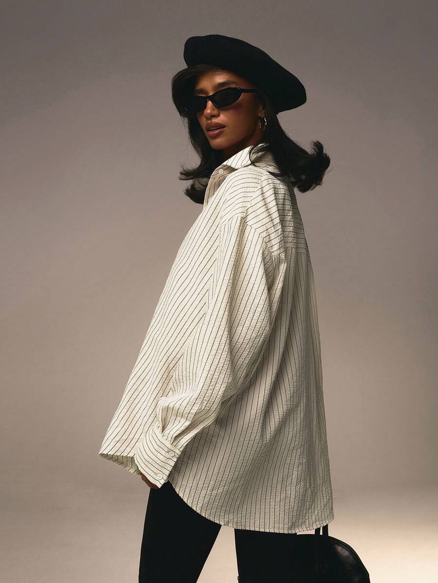 Athîral 女士前扣领长袖粉色条纹简约衬衫情人节 - 黃色 - 查看 1