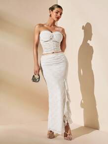 SHEIN BAE White,Summer,Elegant,Seductive,Wedding Bridal Solid Ruffle Lace See-Through Tube Top And Skirt Set,Beach Vacation Night Out Cocktail Party Clothing - White - View 4