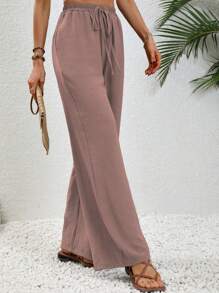 SHEIN LUNE Women's Plain Color Loose Drawstring 7/9 Length Pants, Minimalist Style Fall Cloth For Women - Dusty Pink - View 4
