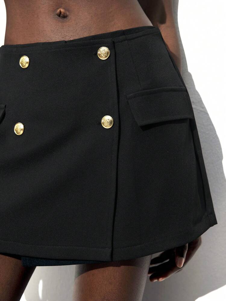 SHEIN Maija 2025 Summer New Waist Metal Button Design 2 In 1 Skort, Modern Urban Commuting Casual Minimalist Fashion, Music Festival Beach Holiday, Suitable For Going Out, Party, Wedding Guest, Vintage Style, Graduation