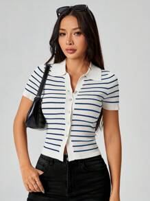 SHEIN PETITE Women's Lapel Preppy Striped Button-Down Sweater - Multicolor - View 4