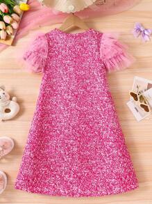 Tween Girls Loose Fit Dress With Bow, Rabbit Print, Faux Sequin Printed Sleeves, Mesh Ruffle Hem, Pink - Multicolor - View 2