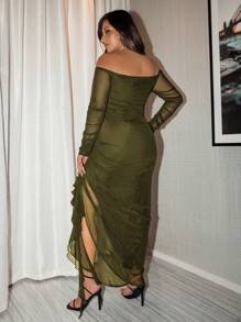 SHEIN BAE 大码女式网眼露肩褶饰荷叶边浪漫飘逸优雅派对长款紧身绿色连衣裙