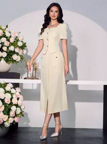 Modelyn Women Apricot French Square Neck Short Puff Sleeve Top + Fashionable Long Skirt 2 Pieces Set - Apricot - View 6