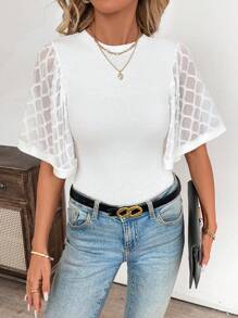 SHEIN Clasi Round Neck Ruffle Sleeve Form-Fitting Women Short Sleeve T-Shirt - White - View 6