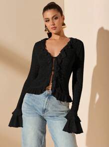 SHEIN BAE 杏色蕾丝上衣，系带细节，荷叶边下摆，甜美性感，适合春季、夏季、情人节、派对、约会、伴娘、通勤、生日 - 黑色 - 查看 4