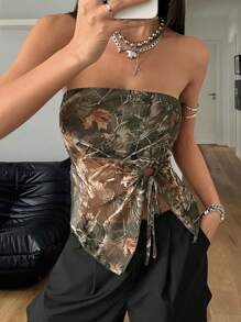 Coolane Women's Spring/Summer Beach Outfits  Coquette Cargo Grunge Going Out Tree Branch Pattern Forest Camo Asymmetrical Hem Off Shoulder Tops,Country Festival  Outfits