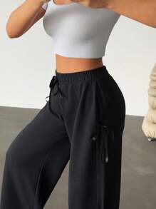 SHEIN PETITE Edgy Comfort: Black Joggers With Satin Side Ribbon Detailing - Black - View 7