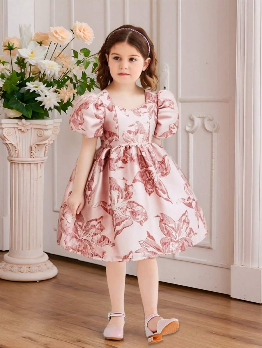 女孩年轻女孩正式泡泡袖圆领提花拉链公主裙，优雅迷人，适合生日派对 - 粉色 - 查看 1