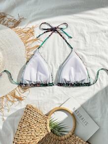 SHEIN Swim Curve Plus Size Women 1pc Random Print Halter Neck Triangle Cup Casual Holiday Swimwear Top For Summer Beach Vacation - Multicolor - View 2