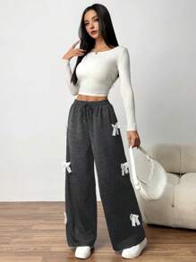 Teen Girls Loose Knit Wide Leg Pants Black Color With White Lace Bow Decor, Casual Waist Tie Front Pants, Gift For Valentine's Day, Friends Or Yourself,Holiday,Summer,Travel - Dark Grey - View 7