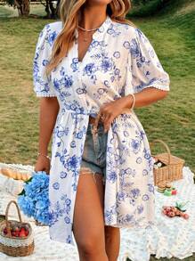 Flirla Plus Size Women V-Neck Short Sleeve Mid-Long Casual Blouse, Spring/Summer - Blue and White - View 4