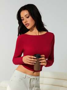 Muchica Red Knitted Backless Women Fitted Long Sleeve T-Shirt Top - Burgundy - View 5
