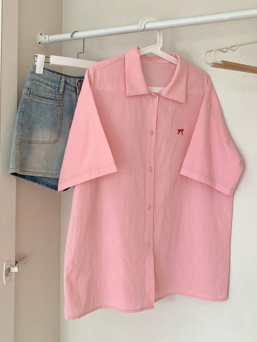 DAZY Women's Summer Oversized Bowknot Printed Drop Shoulder Casual Shirt,Short Sleeve Tops - Pink - View 1