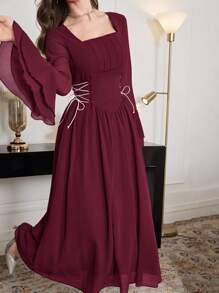 Modelyn Đầm voan dài tay loe buộc eo thanh lịch cho nữ, Xuân/Hè - Màu Đỏ Sâu - Xem 4