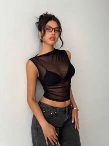 Siren Gaze 黑色网眼透视不对称领口上衣，音乐节派对上衣，夏季女装，复活节/音乐会女装音乐节假期 - 黑色 - 查看 4