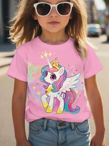 SHEIN تي شيرت قصير الأكمام برقبة دائرية بنمط وحيد قرن، مناسب للفتيات الصغيرات، تصميم بسيط وعادي، مناسب للصيف - متعدد الألوان - مشاهدة 5