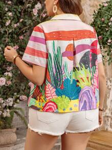 SHEIN Clasi Plus Size Women Lapel Short Sleeve Fashion New Print Blouse, Summer, St. Patrick's Day Rave, Festival Spring Break, St. Patrick's Boho - Multicolor - View 2