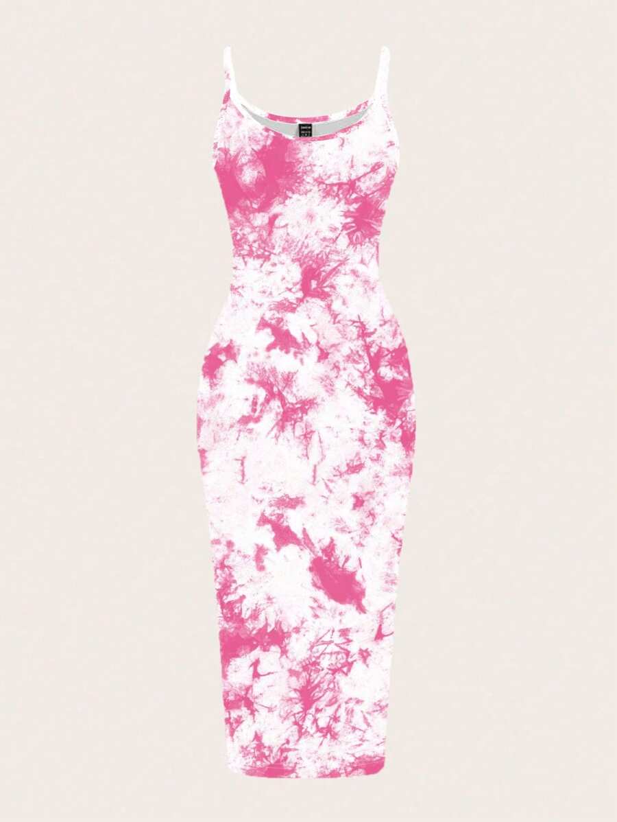 SHEIN EZwear Đầm Maxi Ôm Body In Họa Tiết Tie Dye Tối Giản Giản Dị, Phù Hợp Cho Mùa Hè - trắng - Xem 1