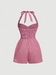 SHEIN MOD Women's Cute Plaid Halter Tied Jumpsuit,Casual Summer Outfits