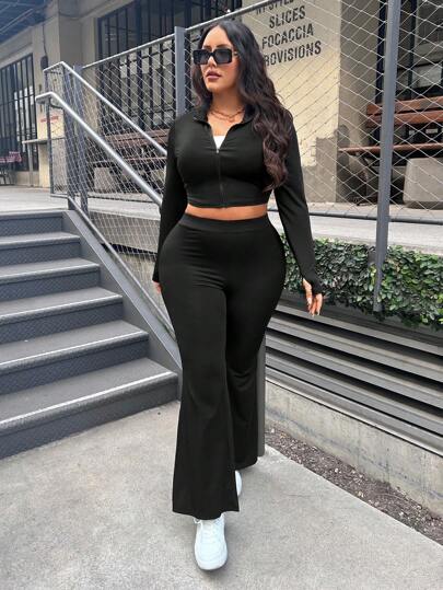 SHEIN EZwear 2pcs/Set Plus Size Women Fall Clothing, Black