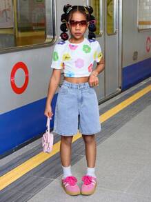 SHEIN Tween Girls Summer Boho Casual Laight Washed Loose Baggy Casual Denim Jeans Long Shorts With Bow Decoration,Girls Summer Beach Concert Rave Outfits
