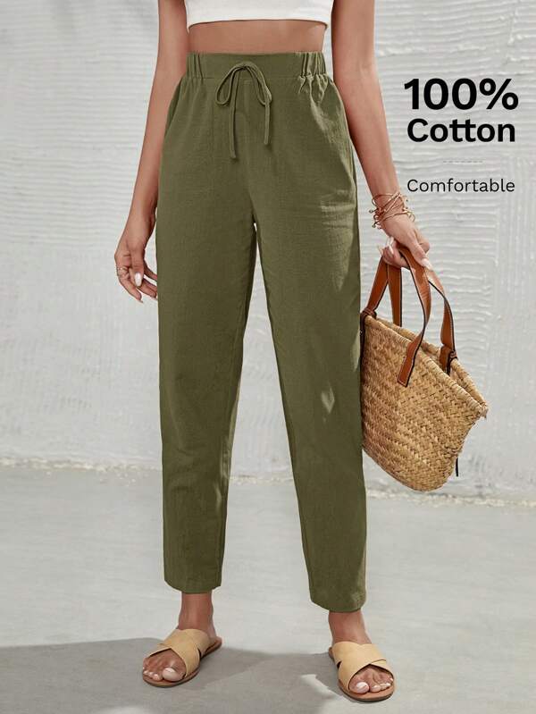 SHEIN Frenchy 100% Cotton High Waist Tie Front Tapered Pants