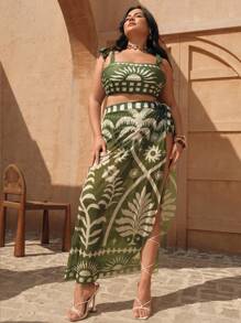 Swim Oasis Plus Size Women 3 Pieces Set: Tie Shoulder Top & Bottom Bikini Set & Cover Up Skirt, Hawaii Outfit Suitable For Beach Vacation, Summer