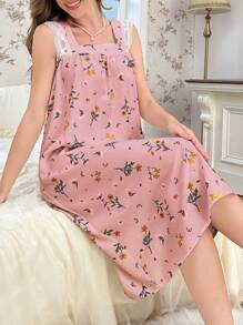CottageSlumber Square Neck Contrast Lace Floral Print Nightgown Babydoll Perfect Summer, Moo Moo Bountiful Floral Splendor - Pink - View 1