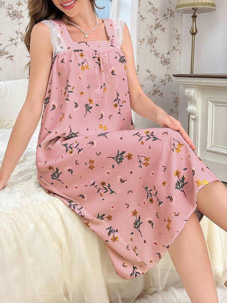 CottageSlumber Square Neck Contrast Lace Floral Print Nightgown Babydoll Perfect Summer, Moo Moo Bountiful Floral Splendor - Pink - View 1