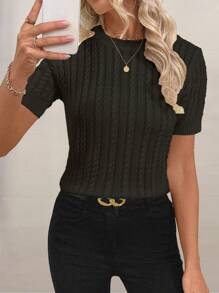 SHEIN LUNE 时尚博主同款麻花绳设计休闲针织圆领毛衣欧美新款 - 黑色 - 查看 1