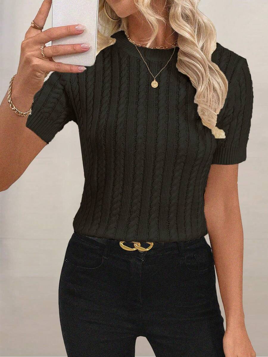 SHEIN LUNE 时尚博主同款麻花绳设计休闲针织圆领毛衣欧美新款 - 黑色 - 查看 1