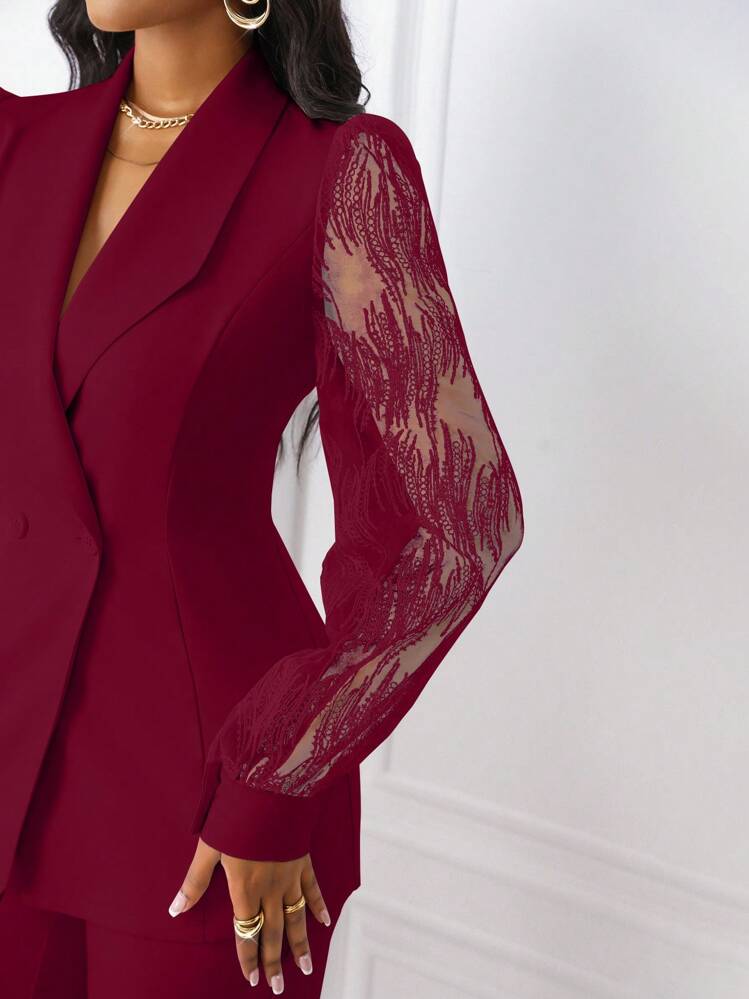 Xyvia 2pcs/Set Women's Lace Trim Button Decor Waist Fitted Top Set Fall Cloth For Women - Burgundy - View 7