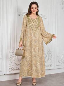 Al Najma 女式套头束腰外衣，佩斯利花纹和金色亮片领，土耳其和阿拉伯传统长裙，朴素的卡夫坦 - 卡其色 - 查看 3