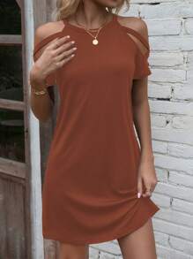 SHEIN LUNE Vestido casual de unicolor con hombros descubiertos para ropa de Año Nuevo