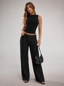 SHEIN BAE Quần ống rộng đơn giản, rộng rãi, màu vải lanh màu mơ cho nữ, cạp thấp, mặc hàng ngày, đi nghỉ và đi làm - màu đen - Xem 6