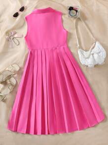 SHEIN Explorewe Teen Girl Collared Button-Up A-Line Pleated Dress - Hot Pink - View 2