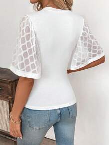 SHEIN Clasi Round Neck Ruffle Sleeve Form-Fitting Women Short Sleeve T-Shirt - White - View 2