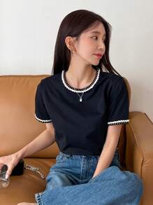 DAZY Camiseta De Cuello Redondo Con Detalles De Contraste - Negro - Ver 14