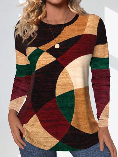 INAWLY Autumn Casual Two-Tone Print Fitted Long Sleeve T-Shirt Fall Cloth For Women